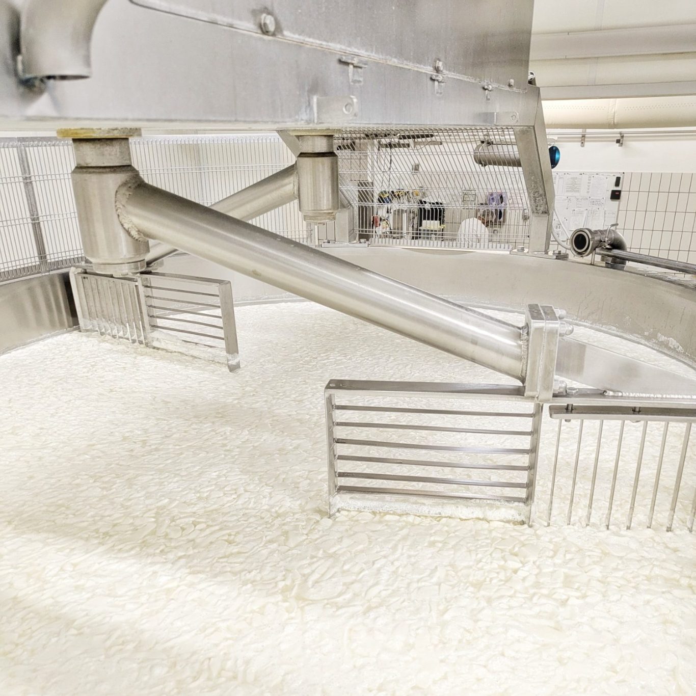 Eine mechanische Käseharfe verarbeitet den Bruch in einem Käsekessel aus Edelstahl.