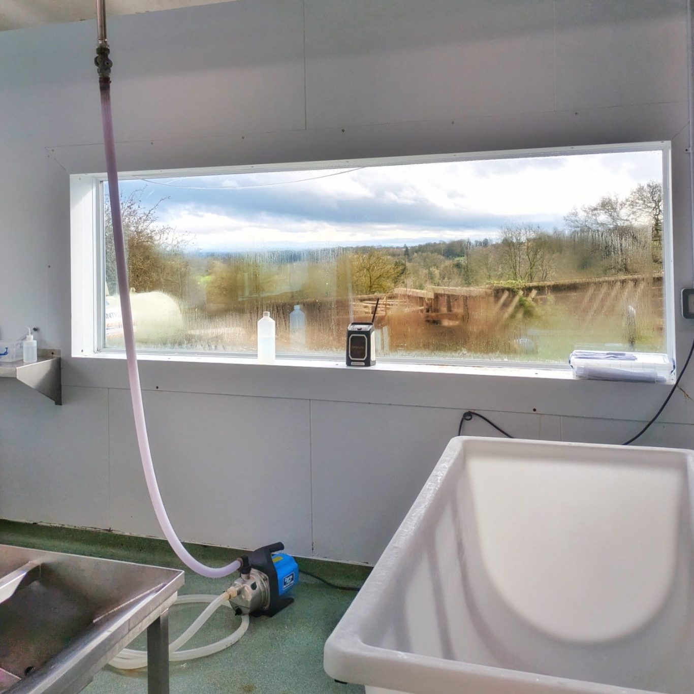 Blick aus dem Fenster des Weichkäseraums der King Stone Dairy über die Hügellandschaft der Cotswolds.