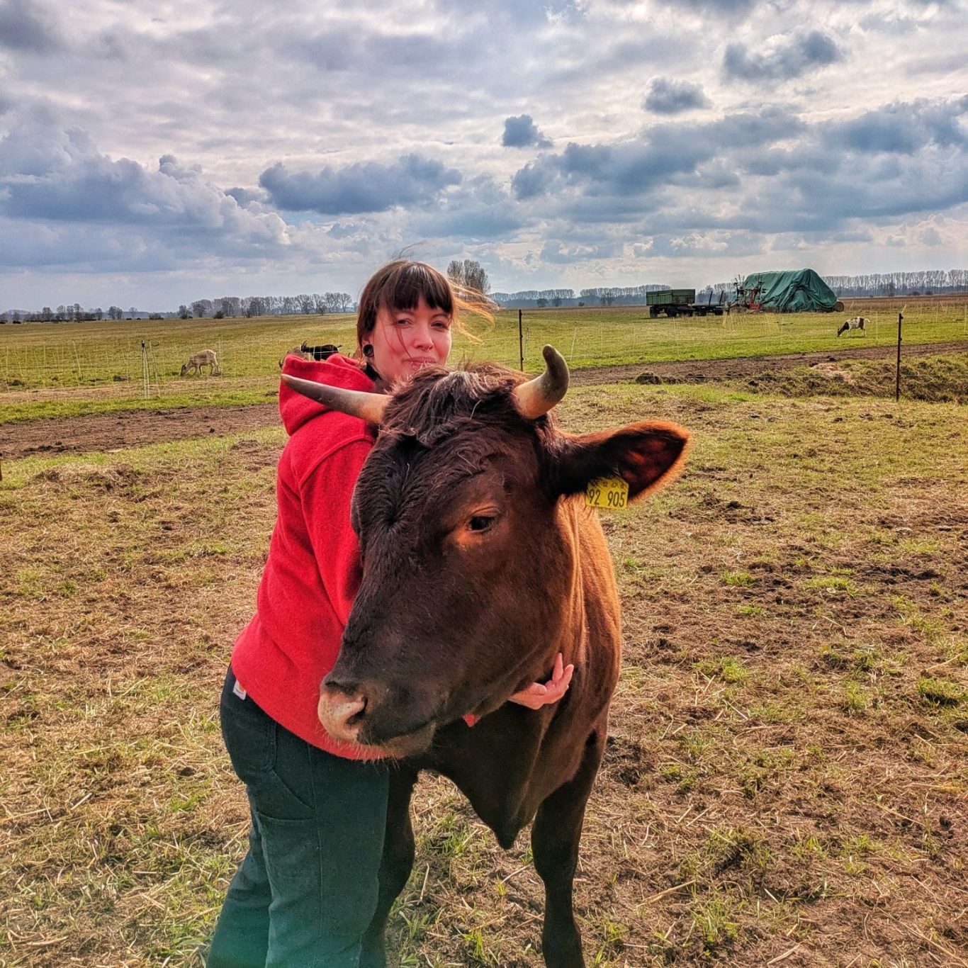 Sarah Spindler steht auf der Weide und kuschelt mit ihrer rotbraunen Libelingskuh Lilly